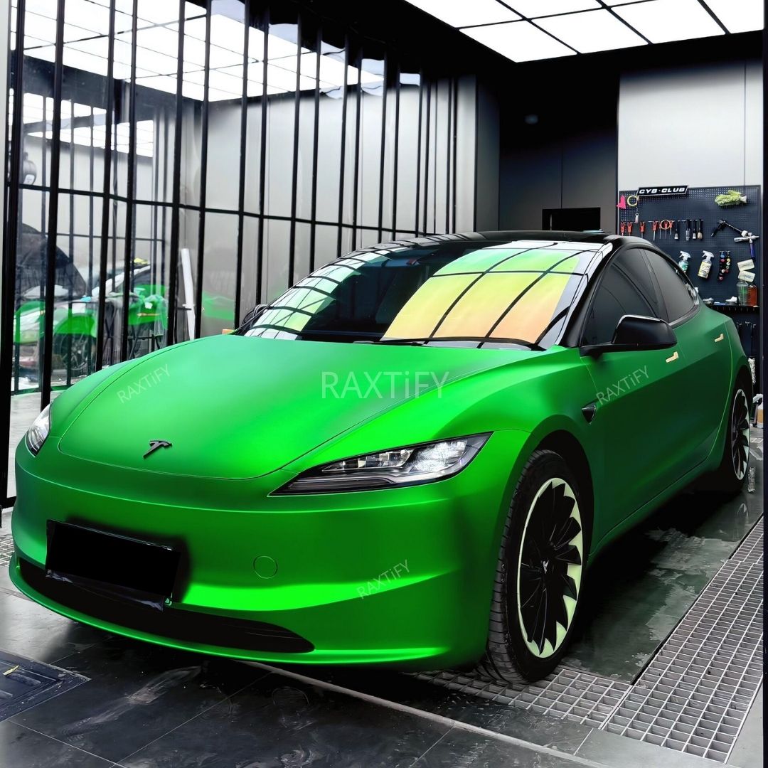 Tesla in Matte Chrome Flame Green Vinyl Wrap