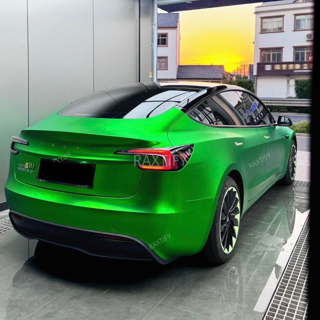 Tesla in Matte Chrome Flame Green Vinyl Wrap