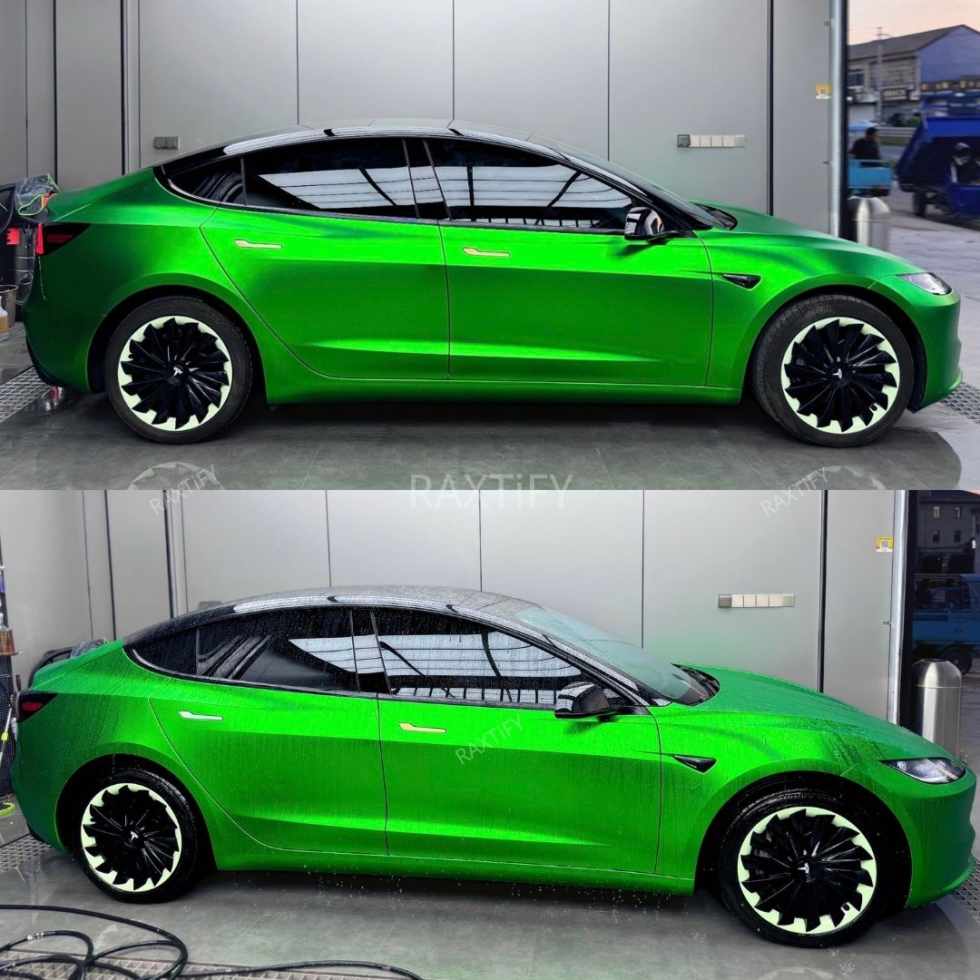 Tesla in Matte Chrome Flame Green Vinyl Wrap Side