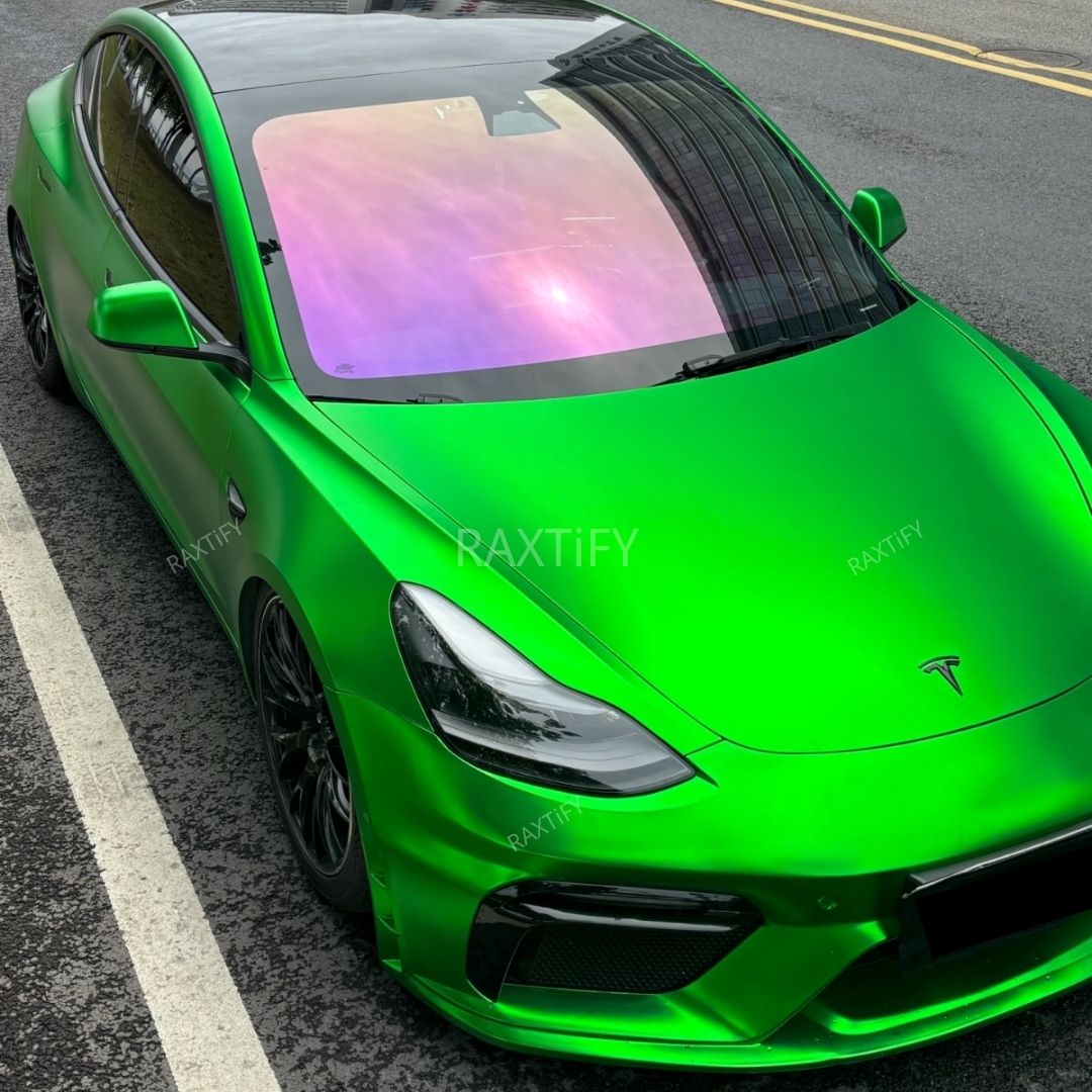 Tesla in Matte Chrome Flame Green Vinyl Wrap