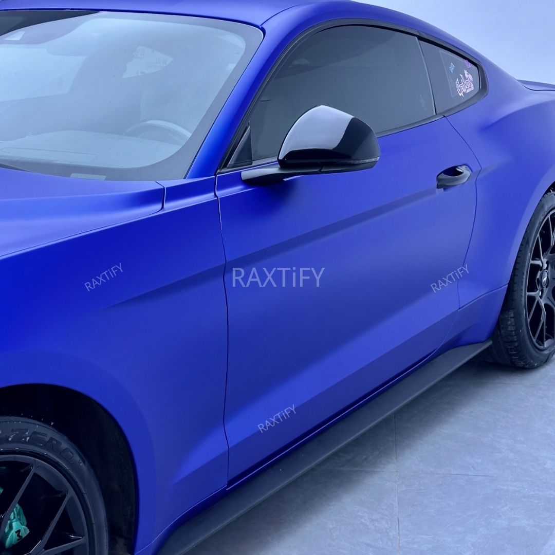 Mustang Wrapped in Matte Chrome Royal Blue Vinyl Wrap by RAXTiFY