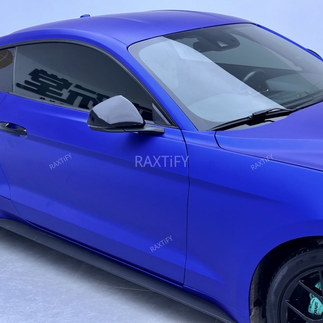 Mustang Wrapped in Matte Chrome Royal Blue Vinyl Wrap by RAXTiFY
