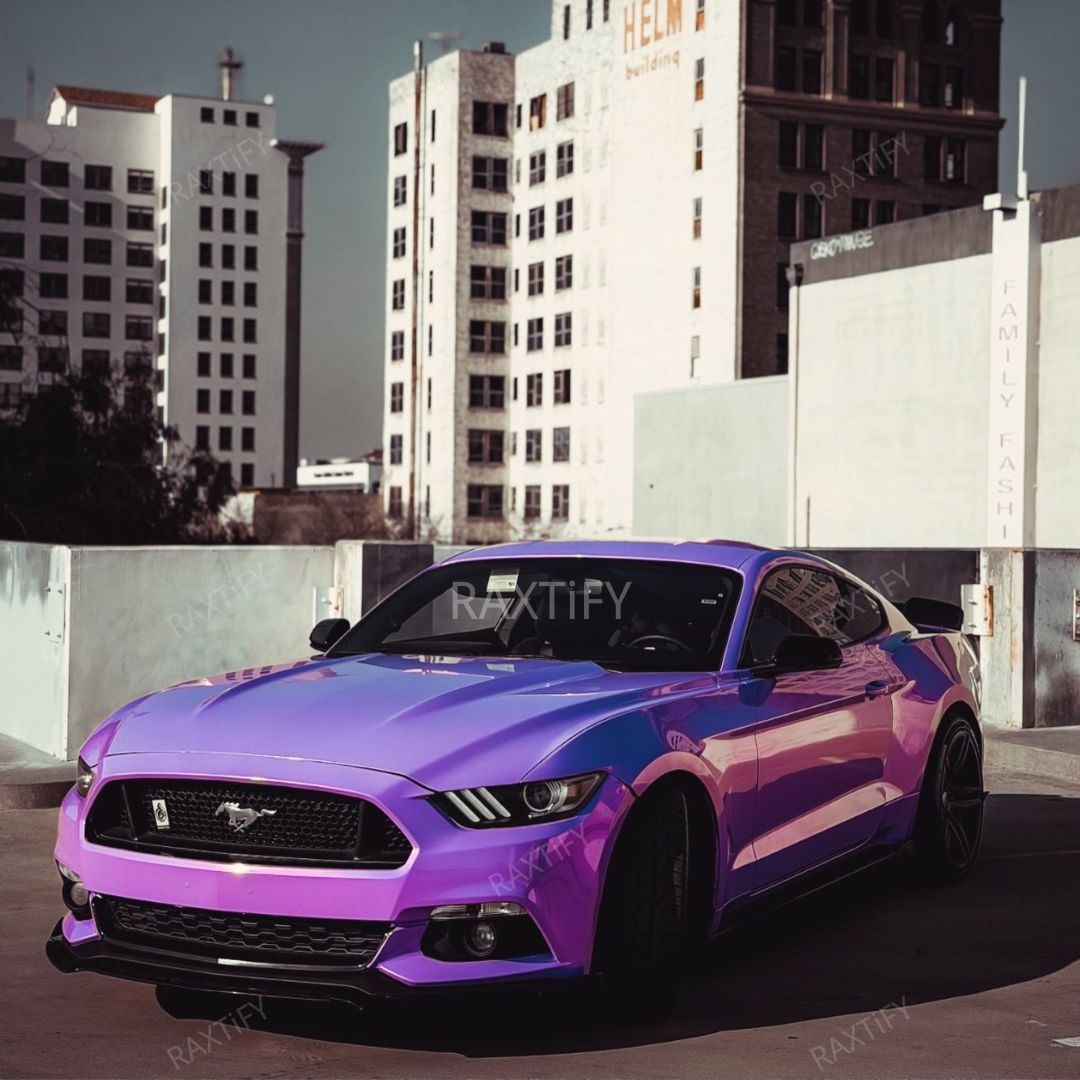 Color Shift Purple Pink Vinyl Wrap on mustang outside