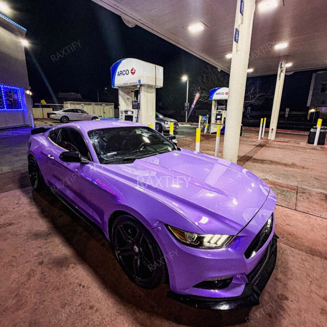 Color Shift Purple Pink Vinyl Wrap on mustang front